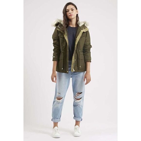 Topshop Jaxson Faux Fur Short Hooded Parka In Military Green - Picture 1 of 13